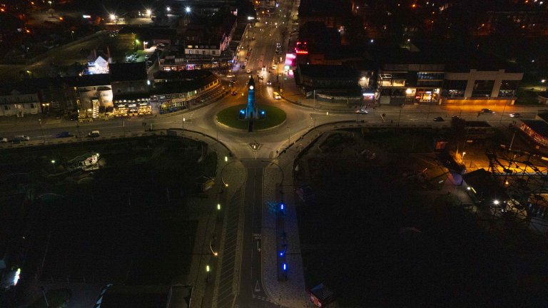 Chris Vaughan Photography - drone images | An aerial image of lights on Tower Esplanade in Skegness, Lincolnshire have been lit blue and yellow in solidarity with people in Ukraine.