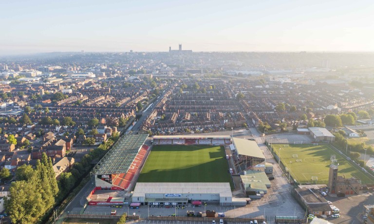 Chris Vaughan Photography - drone images | An aerial image of Lincoln City's LNER Stadium looking towards Lincoln City.