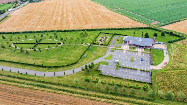 Chris Vaughan Photography - drone images | An aerial image of South Lincolnshire Crematorium and surrounding memorial gardens.