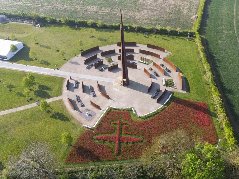 An aerial image of the display of poppies, at International Bomber Command Centre, in the shape of a Lancaster Bomber.