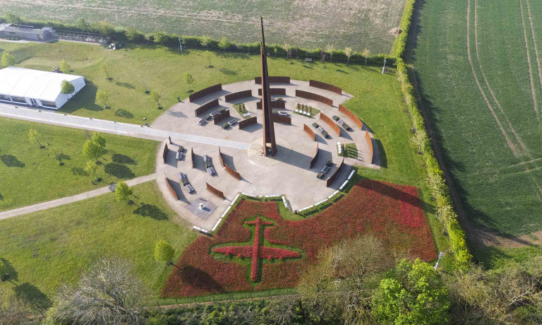 An aerial image of the display of poppies, at International Bomber Command Centre, in the shape of a Lancaster Bomber.