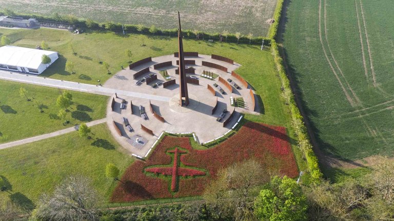An aerial image of the display of poppies, at International Bomber Command Centre, in the shape of a Lancaster Bomber.