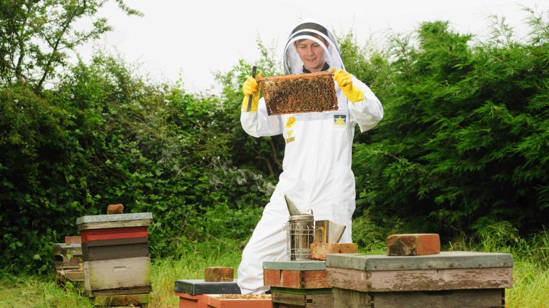 Chris Vaughan Photography - PR and communications images | A young beekeeper inspects his bees.