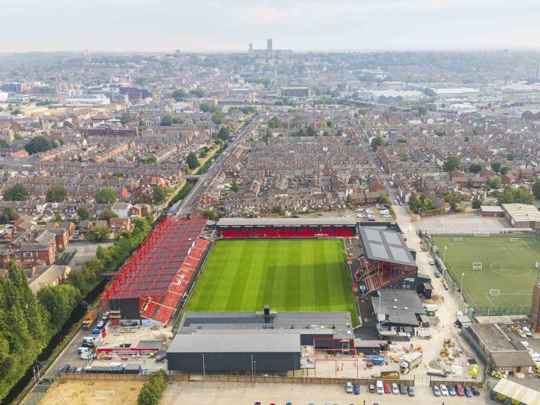 Drone photograph showing the Imps Territory construction project at Lincoln City Football Club.