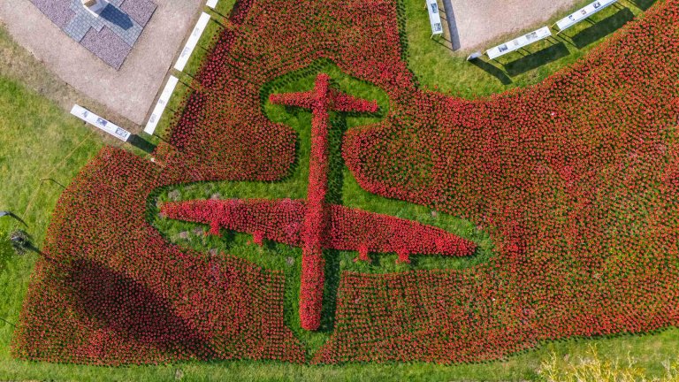 An aerial image of ceramic poppies forming the shape of a Lancaster Bomber at International Bomber Command.
