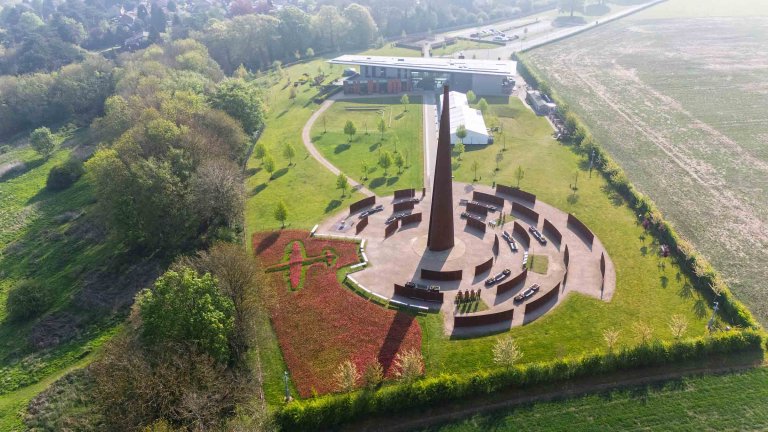 An aerial image of ceramic poppies forming the shape of a Lancaster Bomber at International Bomber Command.