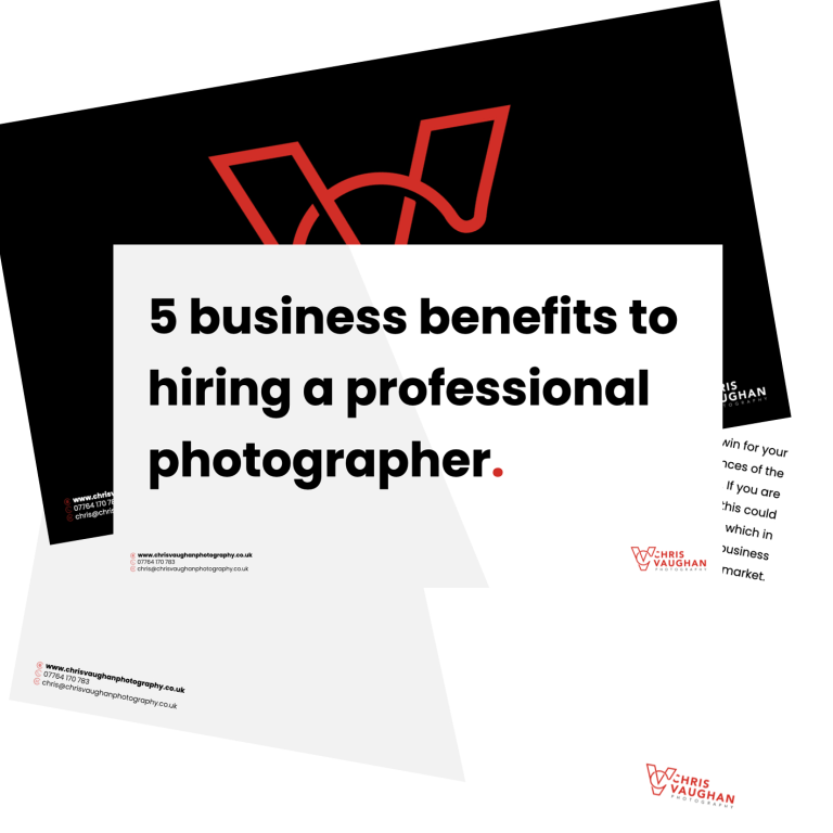A graphic showing pages from a handout called 5 business benefits to hiring a professional photographer.