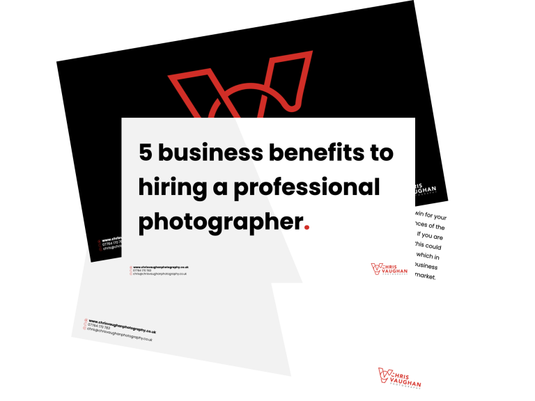 A graphic showing pages from a handout called 5 business benefits to hiring a professional photographer.