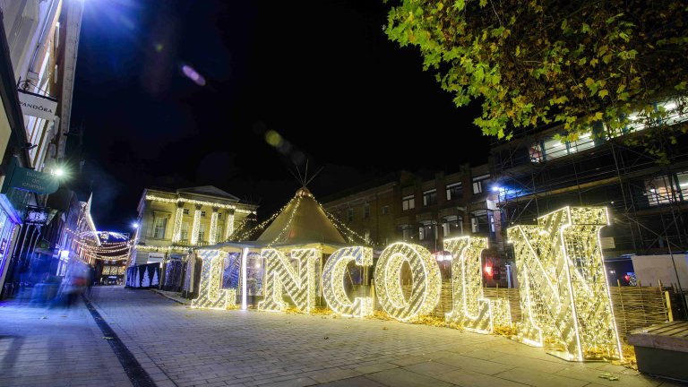 Chris Vaughan Photography - commercial photography | Christmas decorations - the word Lincoln spelt out in giant letters.