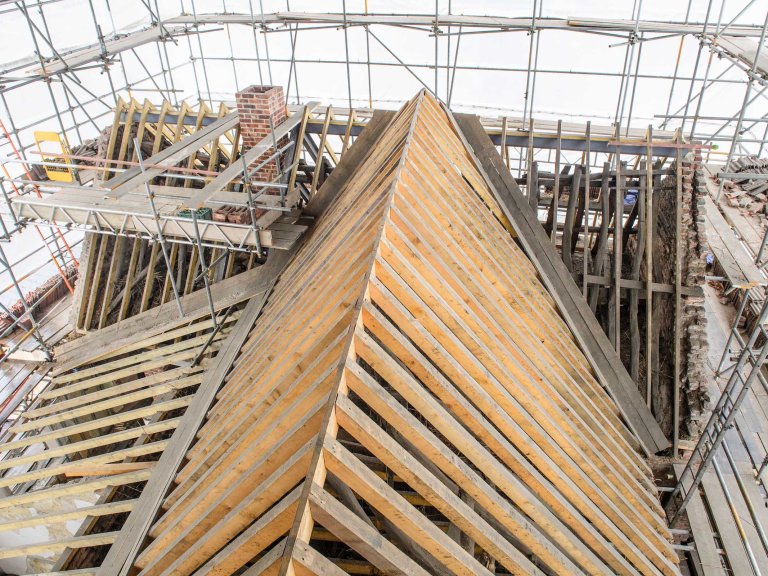 A picture looking down onto the roof of the Old Kings Head at the start of renovation.