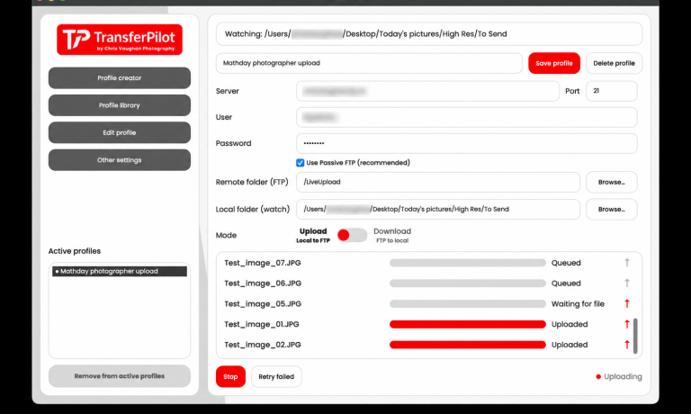 TransferPilot showing the progress and status of image files being automatically transferred between a Mac and an FTP server.